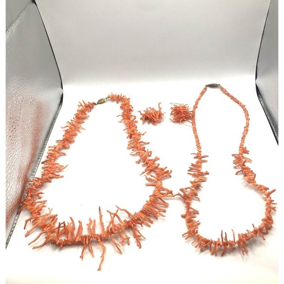 Salmon Branch Coral Lot~2 Necklaces & 1 Pair Earrings - Picture 4 of 9